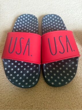 Rae Dunn Red USA Slide Sandals with Star Footbed